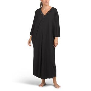 NATORI Black Zen Floral Caftan With Lace Neckline
